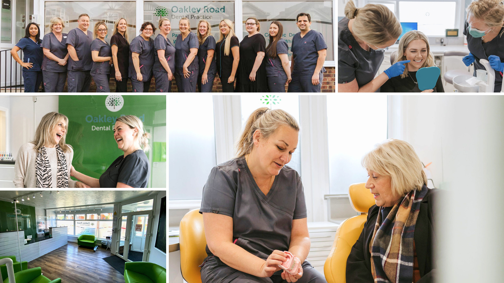 Collage of different pictures of Oakley Road Dental Practice and Team
